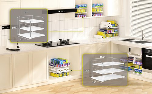 EVERIE Extendable 3-Tier Holder for Heavy Items, Jars, Bottles, Cans, Plastic Bags, Wrap, Foil, Snack and Box for Kitchen,Counter, Cabinets, 11'' to 16.7'' Wide (11“ - 16.7” Wide, Piece, 1)