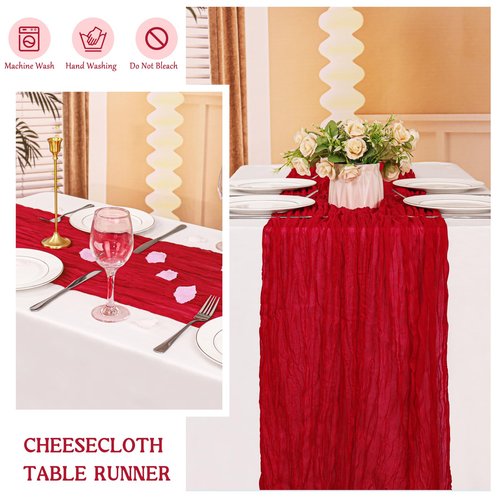 4 Pack 120 Inch Red Cheesecloth Table Runner Boho Rustic Gauze Sheer Romantic 10 FT Long Cheese Cloth Table Runner for Bridal Baby Shower Wedding Party Birthday Holiday Home Easter Decor