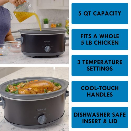 Kenmore 5 Quart Slow Cooker - Crock pot with Programmable Settings,Digital Controls, Large Capacity for Family Meals, Dishwasher-Safe Stoneware, Warm Rice & Sous Vide Stew