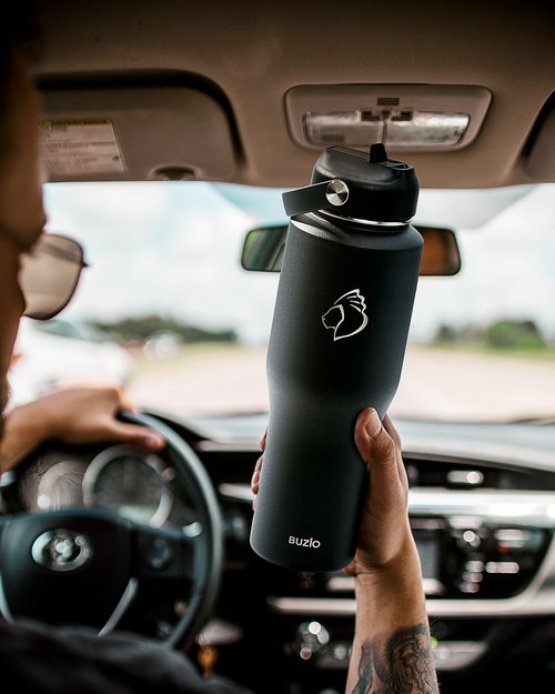 BUZIO Insulated Water Bottle Fits in Cupholder, Stainless Steel Tumbler with Straw Lid 32oz, Leak-proof BPA-Free Insulated Water Flask for Travel, Keeps Cold for 48H, Hot for 24H, Black