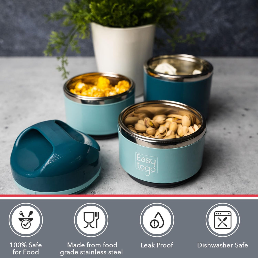 Easy Togo 3 Tier Lunch Box 43Oz-Blue Stainless Steel Stackable Lunch Box with Lunch Bag & Cutlery Set, Portable Lunchbox, Portion Control Meal Prep Togo Lunch Containers for Adults, Women, Men