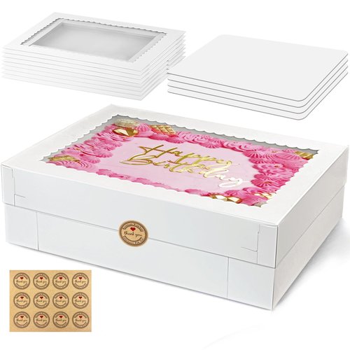 MUMULULU 4 PCS 19x14x4 Inch Cake Boxes with Cake Board White Sheet Rectangular Bakery Boxes with Window for Donuts Cookies Dessert Cupcakes Pastry Baking Pie Packaging