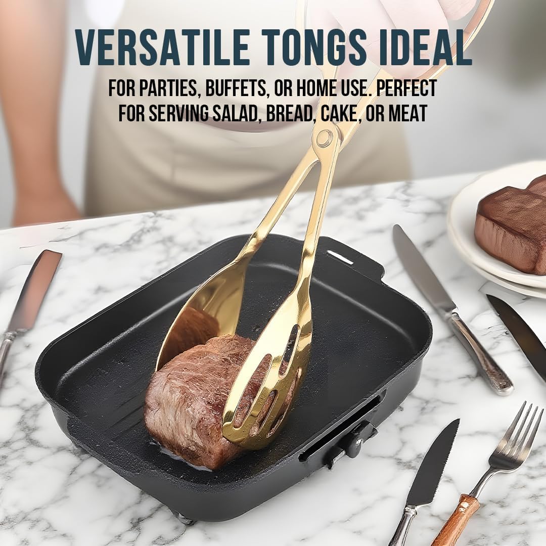 Salad Tongs - Premium Stainless Steel Scissor-Style Servers | Non-Toxic, Heat-Resistant, Dishwasher Safe (Gold) - 2 Pack