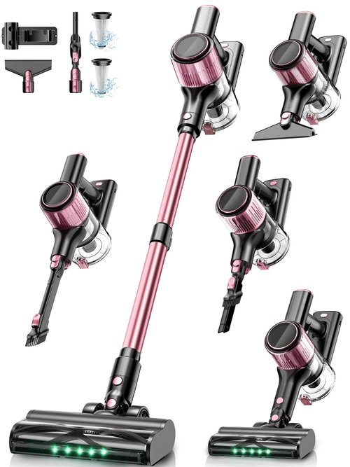Cordless Vacuum Cleaner,40Kpa 8 in 1 Powerful Stick Vacuum, with Anti-Tangle Brush and Upgraded Green Light, 45mins Runtime Rechargeable Lightweight Vacuums for Hardwood Floor, Pet Hair (Pink)