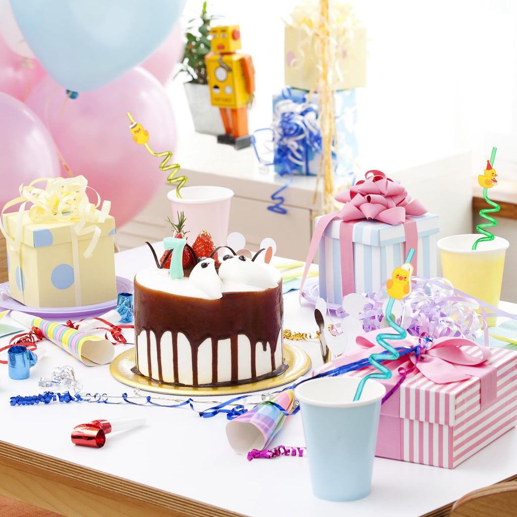 Honoson 24 Pcs Duck Straws Birthday Party Favors Drinking with 2 Pcs Cleaning Brushes Theme Reusable Plastic Silly 8 Designs(Bright Style)
