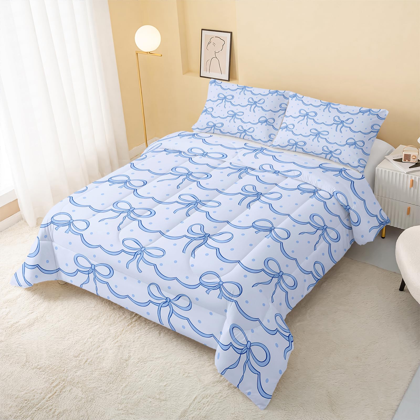 QOOMO 3Pcs Bow Comforter Set Full,Blue Bow Bedding Set for Teens Boys Girls,Blue Bow Dots Printed Comforter with 2 Pillowcases,Down Alternative,Soft and Lightweight
