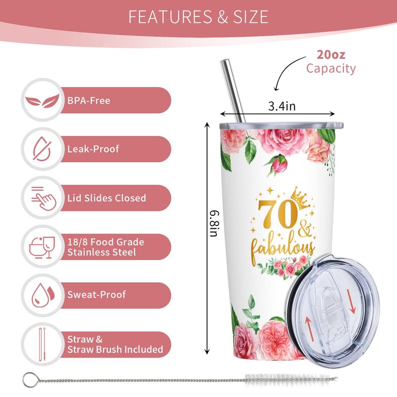 Cwutoba 70th Birthday Gifts for Women, Gifts for 70 Year Old Woman, 70th Birthday 20oz Tumbler, 1956 Bday Gift for Women, 70th Bday Gift Ideas