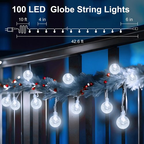 Minetom Crystal Globe String Lights - 100 LED Waterproof Fairy Lights with Remote & Timer | 33 ft White Decor