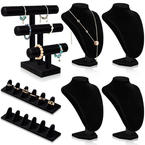 Barydat 7 Pcs Black Velvet Jewelry Display Set for Shows, Necklace Bracelet Holder Jewelry Bust Holder Stand Ring Display Stand for Selling Craft Showcase Organizer