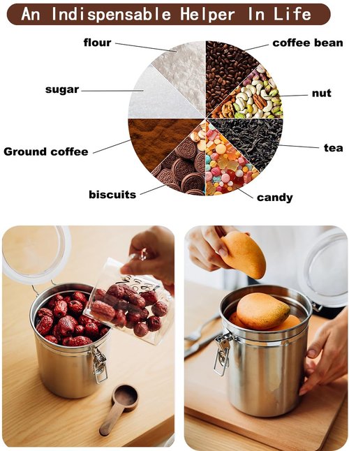 Coffee Canister 4 Pcs Stainless Steel Food Container with Clear Lids Airtight Container Stackable Canisters Kitchen Pantry Storage for Cereal, Snacks, Candy, Herbs, Spices, Sugar, Tea (1.8L Silver-4)