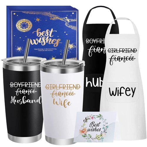 Husband & Wife Travel Tumbler Apron Set - Unique Wedding Gifts for Couples - His & Hers - Engagement, Anniversary, Valentine's Day & Bridal Shower