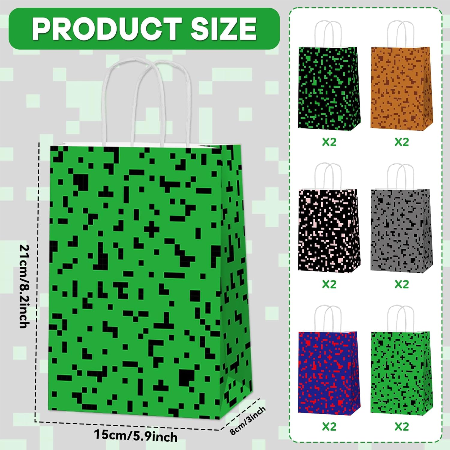 Skiennix Pixel Party Favor Bags - 12 PCS Video Game Themed Treat Bags with Handles for Kids' Birthdays