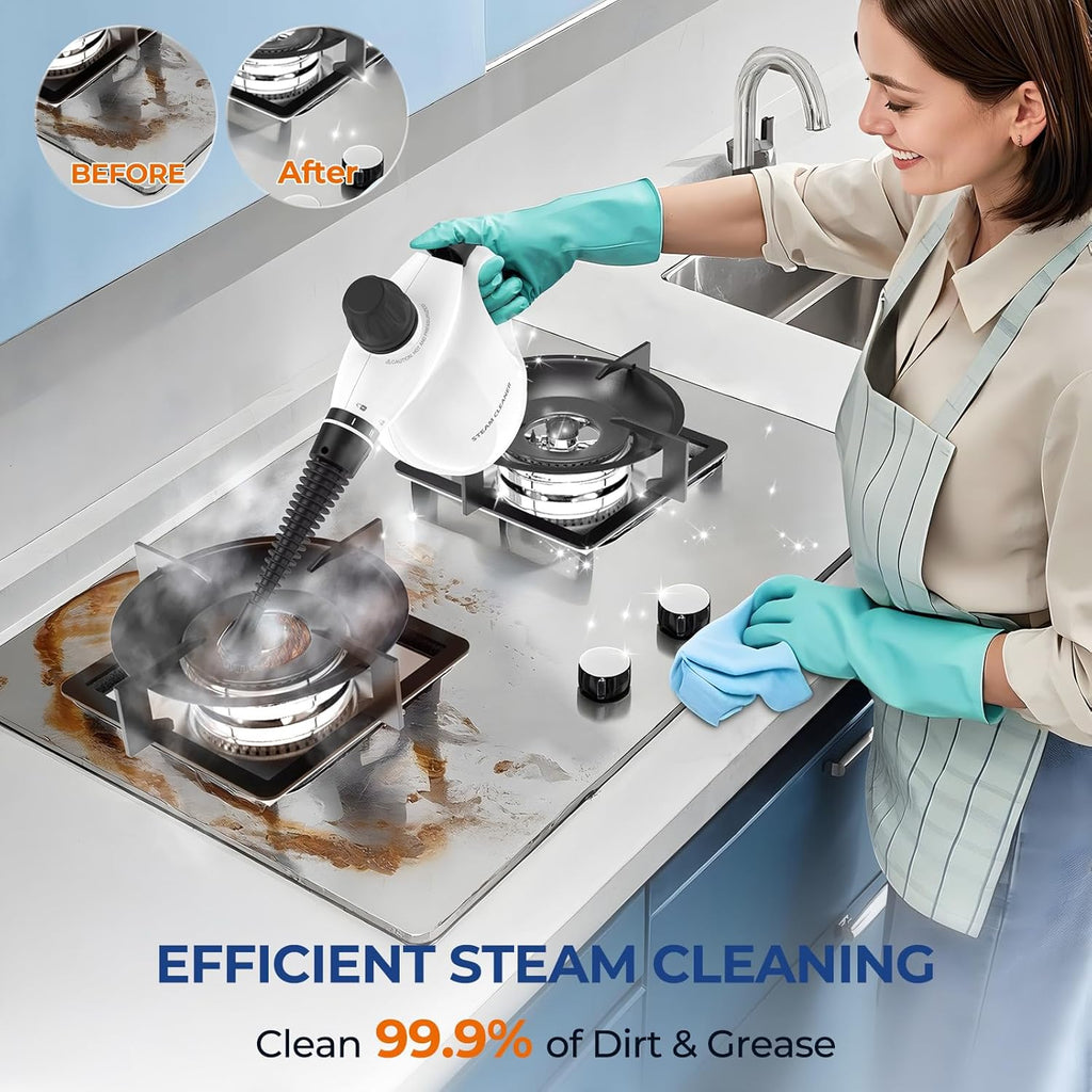 Skiennix Steam Cleaner - Pressurized Handheld 13-Piece Multi-Purpose Deep Cleaning Tool | Portable White Steamer for Home, Car, and Upholstery