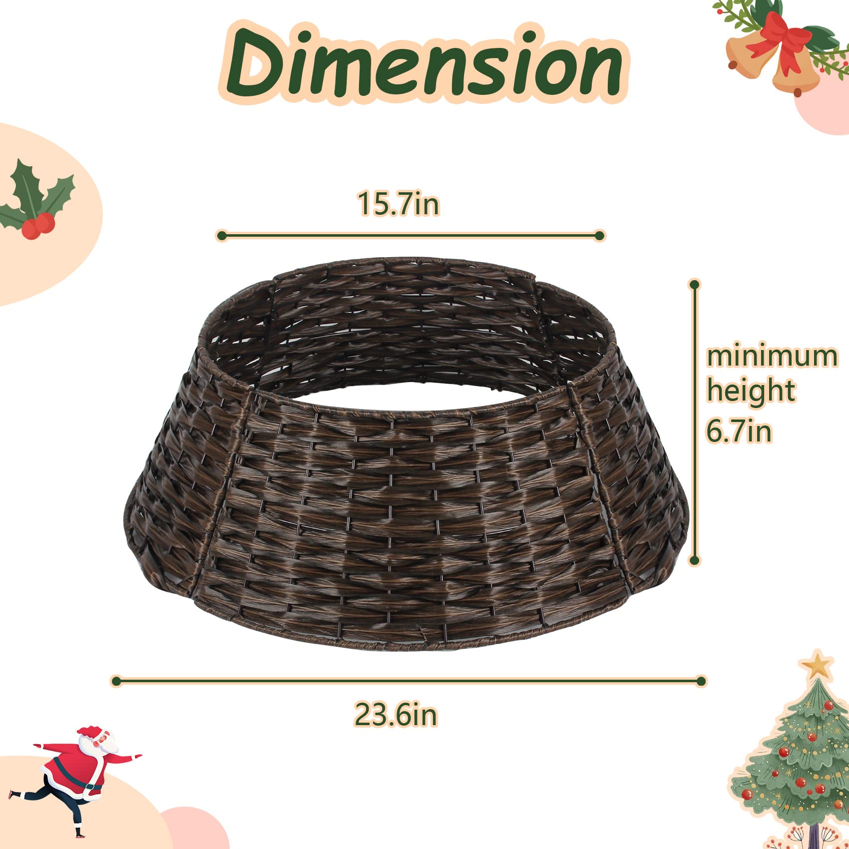 Christmas Tree Collar 23'' D Handmade Artificial Rattan Wicker Tree Collar Basket Christmas Woven Tree Ring Stand Base Cover for Holiday Decoration-Round Brown