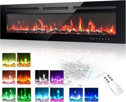 EUHOMY Electric Fireplace - 50 Inch Wall-Mounted with Adjustable Flame Color & Remote Control | Linear Design, Timer, Touch Screen