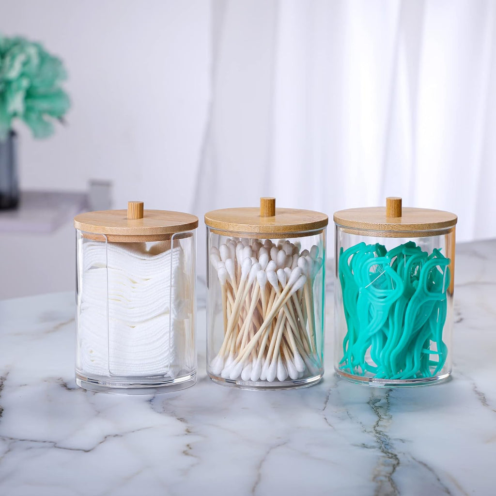 Skiennix Qtip Holder Set - 3 Pcs Clear Acrylic Containers with Bamboo Lid for Cotton Swabs & Pads | Bathroom Organizer
