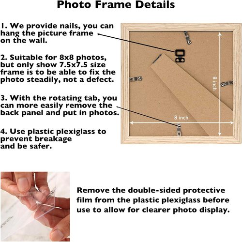 JCJMY 8x8 Picture Frame - Versatile Wall Mount or Tabletop Display | Shatter-Resistant Plexiglass, Natural Finish