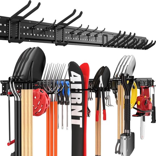 Garage Tool Organizer - Wall-Mount 64-Inch Rack with 13 Adjustable Hooks | Heavy-Duty Storage for Yard & Shed