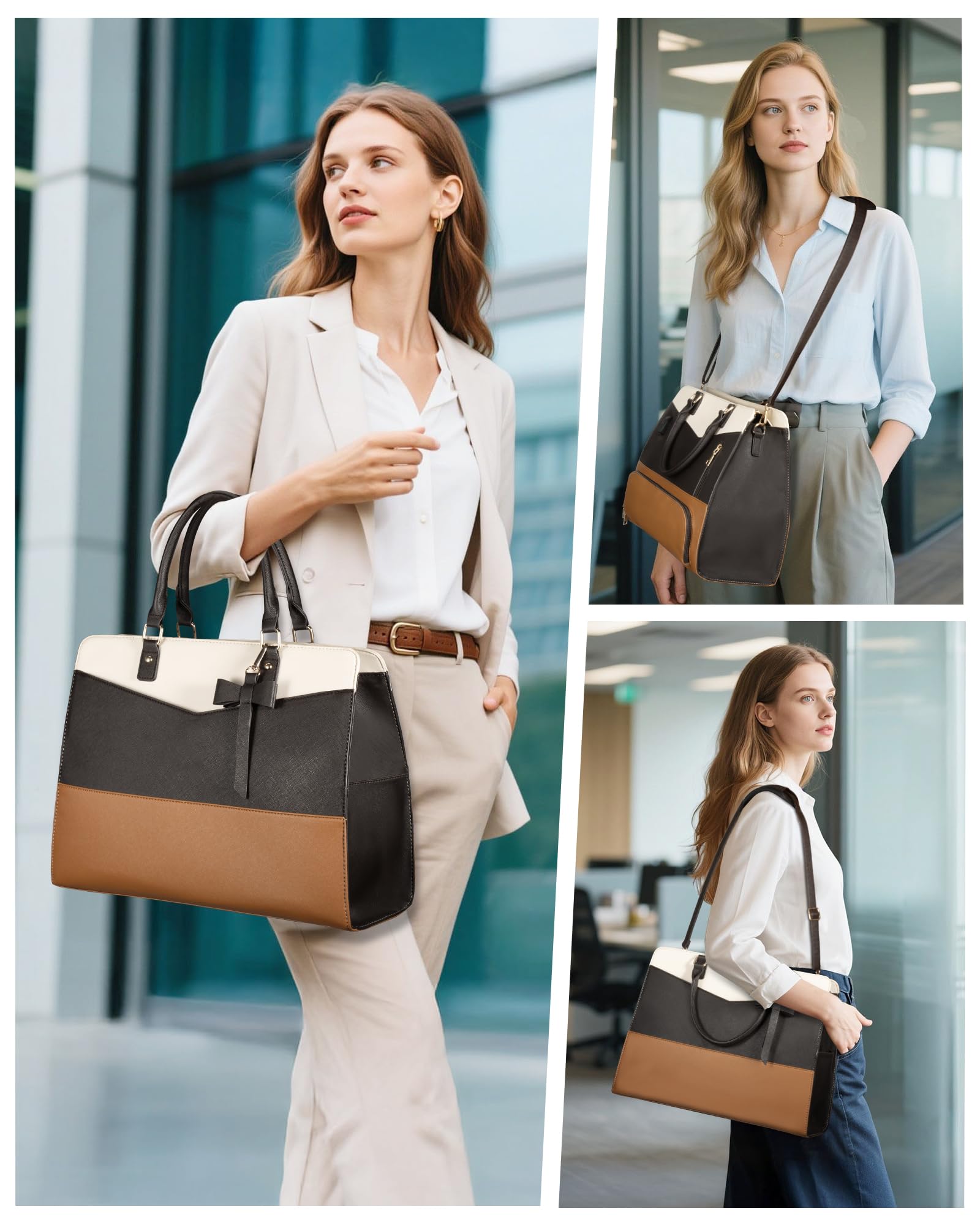 Tiostep Lunch Tote Bag for Women 2 in 1 Laptop Work Bag with Lunch Insulated Compartment and Purse Combo Waterproof PU Leather 15.6 Inch Computer Shoulder Bag for Daily, Office, Picnic. Mix Color