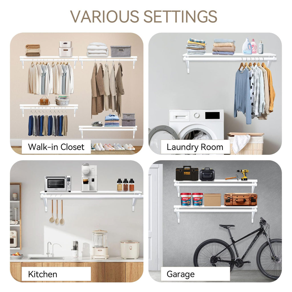 Qupui Closet Shelf with Hanging Rod, 47.2in Wall Mounted Clothes Rack with Top Shelf, Walk in Closet System, Heavy Duty Shelf with Hanging Rod for Laundry Room, Closet Storage, Garage, White