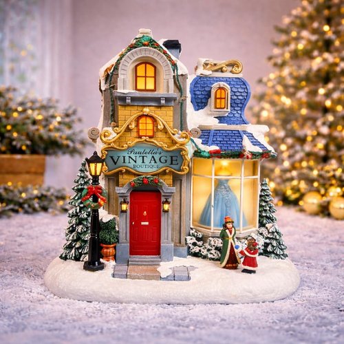 Moments In Time Lighted Christmas Village - Vintage Boutique LED Musical Holiday Building, 10.6”