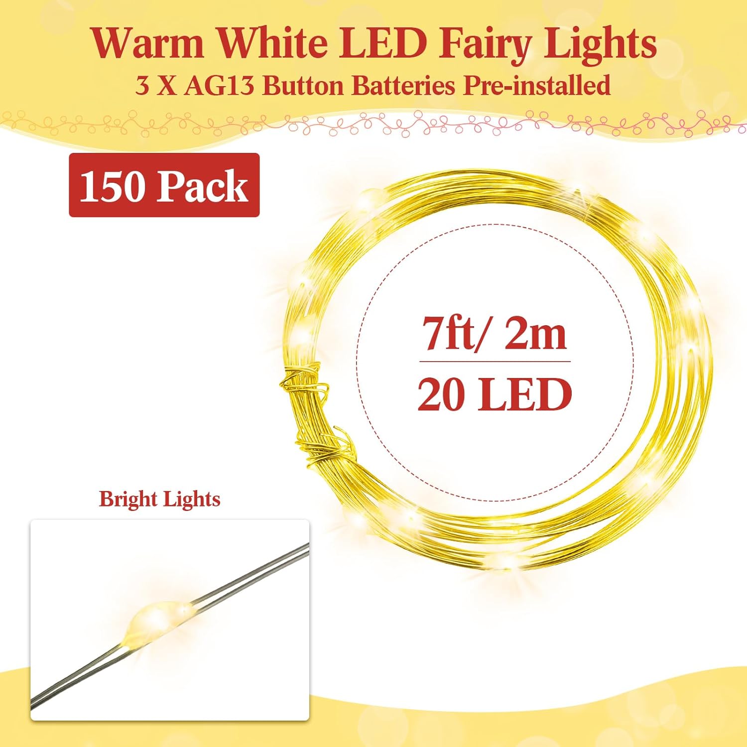 Tuanse 150 Pack LED Fairy Lights - Battery Operated String Lights with 3 Speed Modes | 7 ft Warm White Twinkle Lights for Weddings & Parties