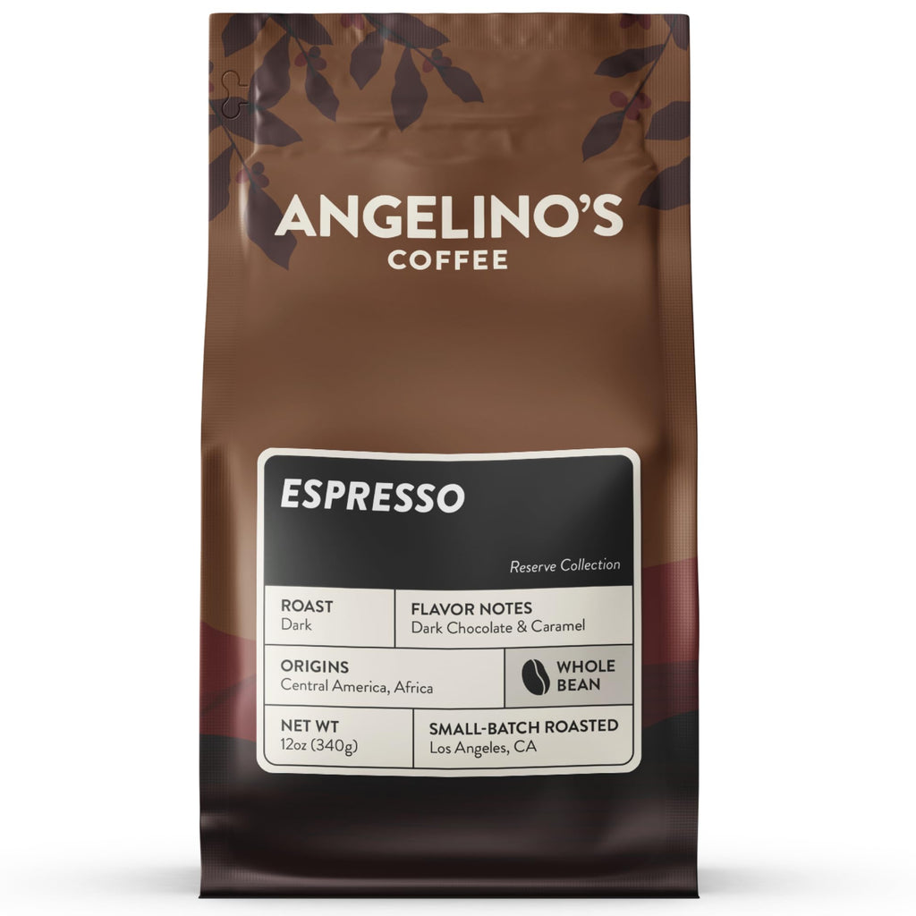 Angelino's Coffee Espresso Beans, 12oz Whole Bean Coffee, Dark Roast with Notes of Dark Chocolate & Caramel, Reserve Collection Coffee Whole Bean, Small Batch Crafted for Rich Flavor
