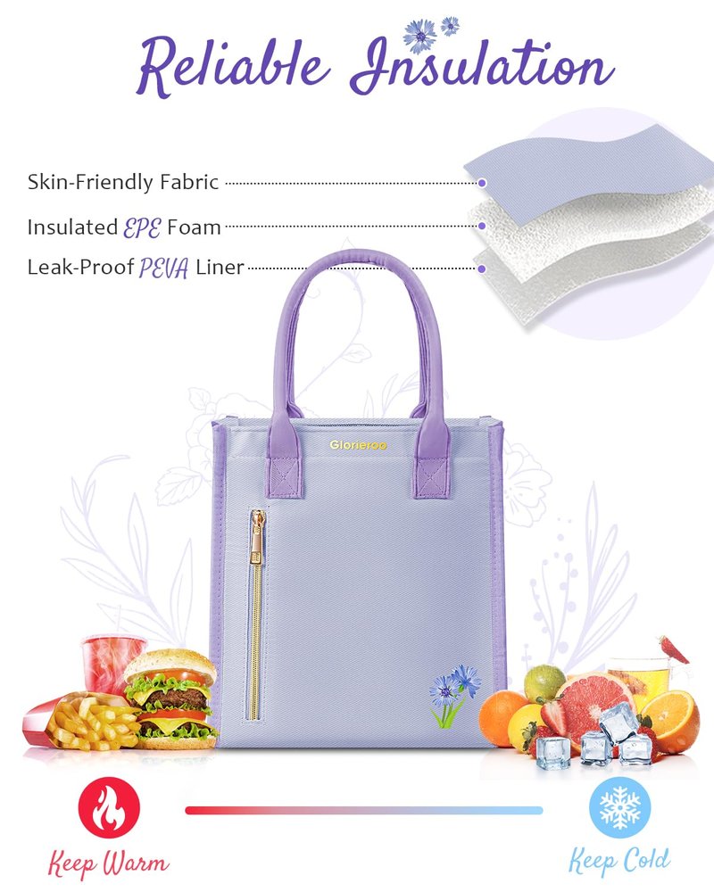 GLORIEROO Lunch Box Bag Women Girls - Insulated Leakproof Waterproof Lightweight Reusable Cooler for Work Picnic - Back to School Teacher Mothers Day Christmas Birthday Gifts