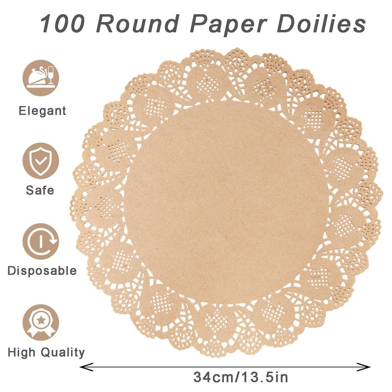 100 Pieces Round Kraft Paper Doilies 13.5 Inches Lace Papers Doilies Disposable Decorative Place Mats Table Pads for Food Cakes Crafts Party Weddings Tableware Decor