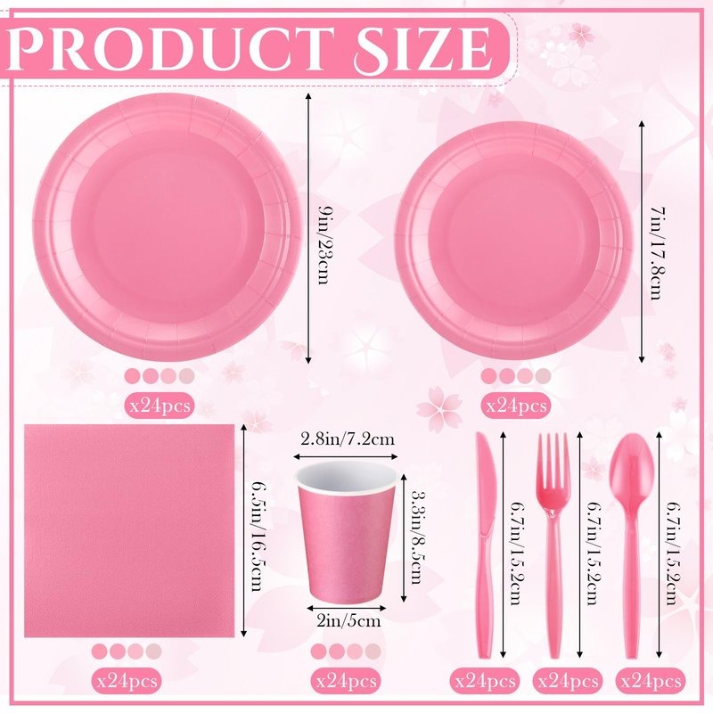 Nuogo 168 Pcs Pink Party Supplies Set Pink Paper Plates Napkins Cups Plastic Spoons Forks Knives Disposable Dinnerware for Birthday Baby Shower Wedding