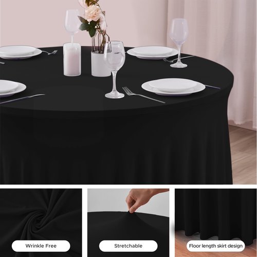 HolidayIdeas Black Spandex 72 in Round Tablecloths, Fitted Stretch Table Skirts for 6ft Round Table, Wrinkle-Free Ruffle Design Tablecloths for Banquets,Trade Shows, Parties, Events, 4 Pack