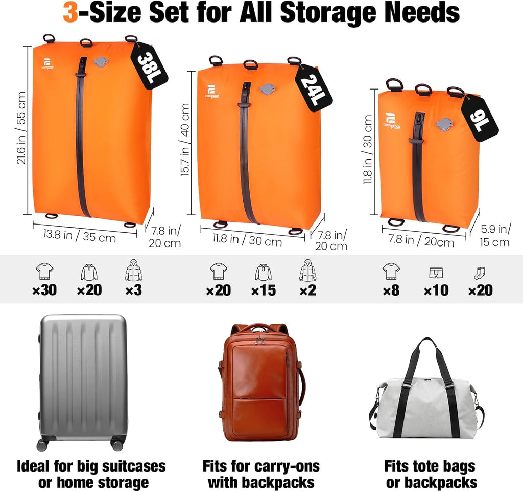 Skiennix Vacuum Compression Bags - 3-Pack Reusable Travel Storage | Waterproof & Space-Saving, Orange