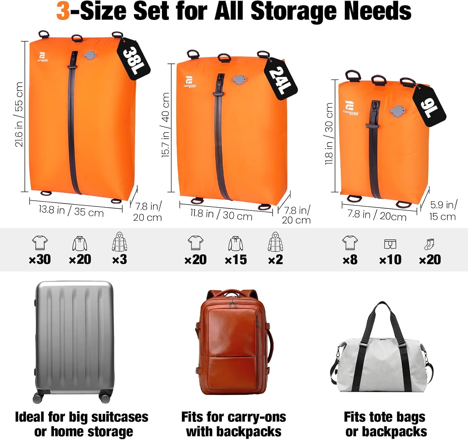 Skiennix Vacuum Compression Bags - 3-Pack Reusable Travel Storage | Waterproof & Space-Saving, Orange
