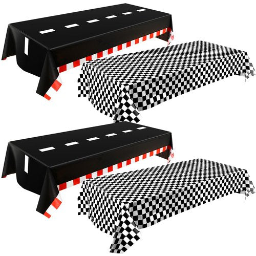 Breling 4 Packs Car Birthday Party Decorations Plastic Car Table Cloth Two Fast Disposable Race Road Checkered Party Supplies Race Theme Party Favors for Birthday, 54 x 108 Inch