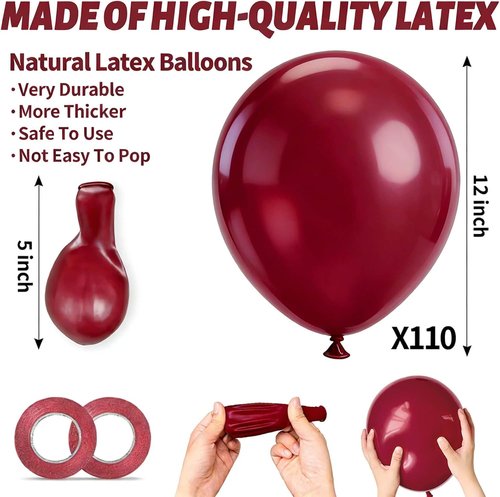 Burgundy Red Latex Balloons - 12 Inch | 110pcs for Birthday Parties, Baby Showers & Weddings
