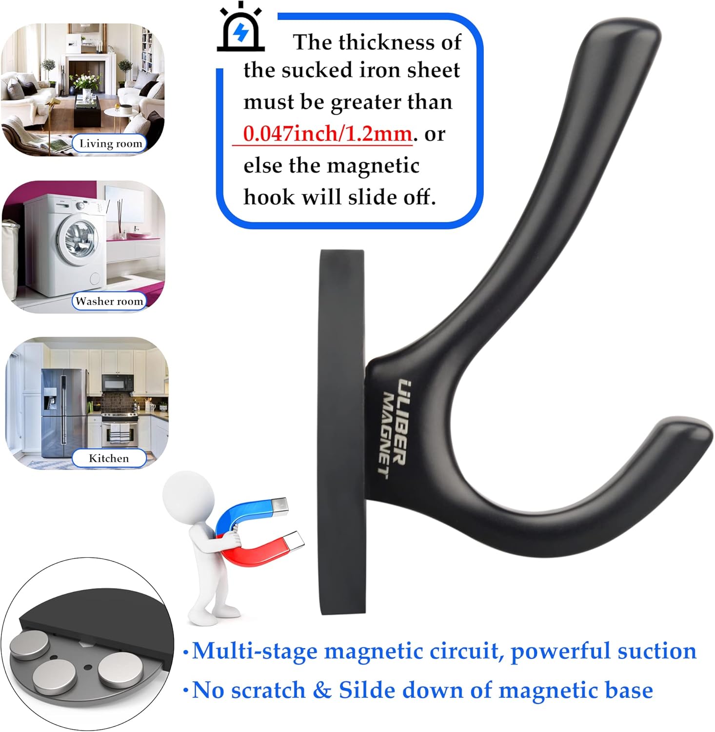 ULIBERMAGNET Heavy Duty Magnetic Double Hooks - Sturdy Coat & Towel Holders, 2 Pack (Black)