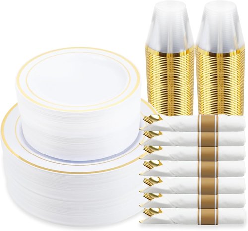 MCIRCO Gold Dinnerware Set - 350 Pieces for 50 Guests | Includes Plates, Cups, Napkins & Silverware