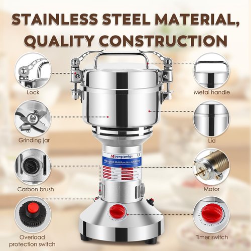 Moongiantgo 500g Grain Grinder Mill Electric Spice Grinder 2500W High-speed Grinding Machine 50-300 Mesh Stainless Steel 110V Pulverizer Dry Grinder (Timer Switch)