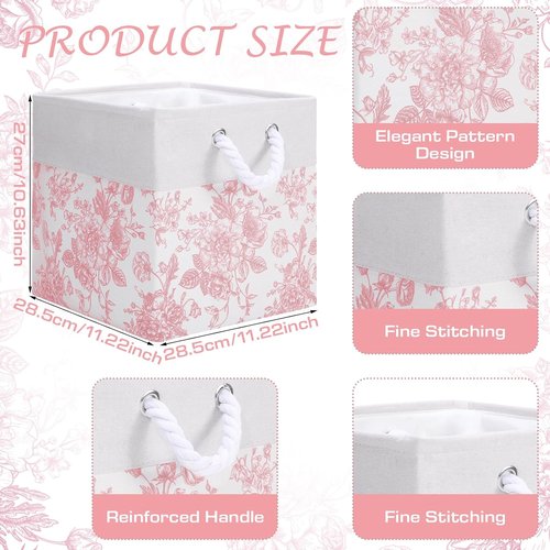 LemonRoad Pink Floral Cube Storage Bins - 6 Pcs Collapsible Fabric Organizers | 11.22 Inch Square Baskets
