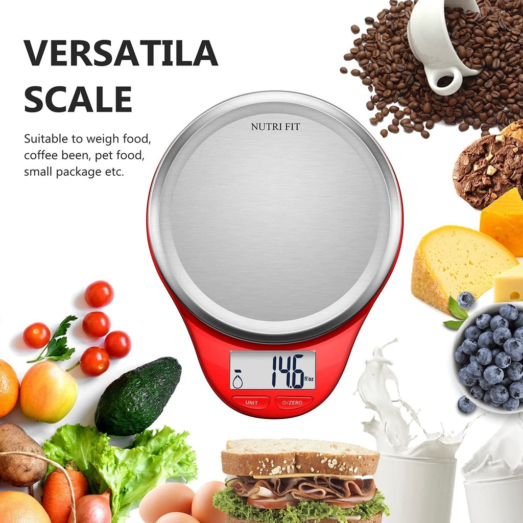NUTRI FIT Digital Kitchen Scale - Large Stainless Steel Platform for Accurate Baking & Cooking | 1g Tare Function, Red