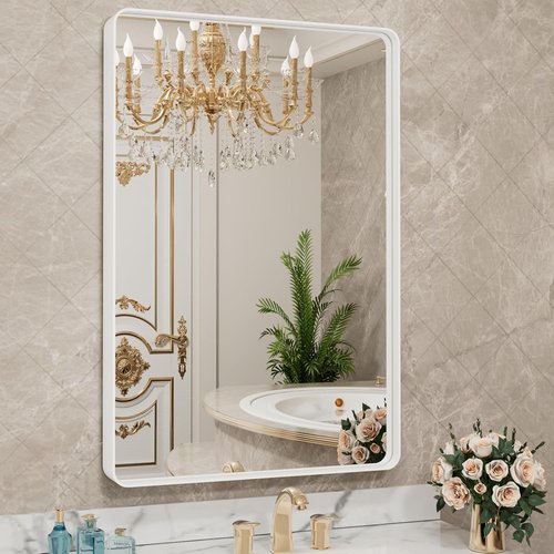 LOAAO White Metal Framed Bathroom Mirror - Large Rounded Rectangle | Anti-Rust Tempered Glass, 32x36 Inch