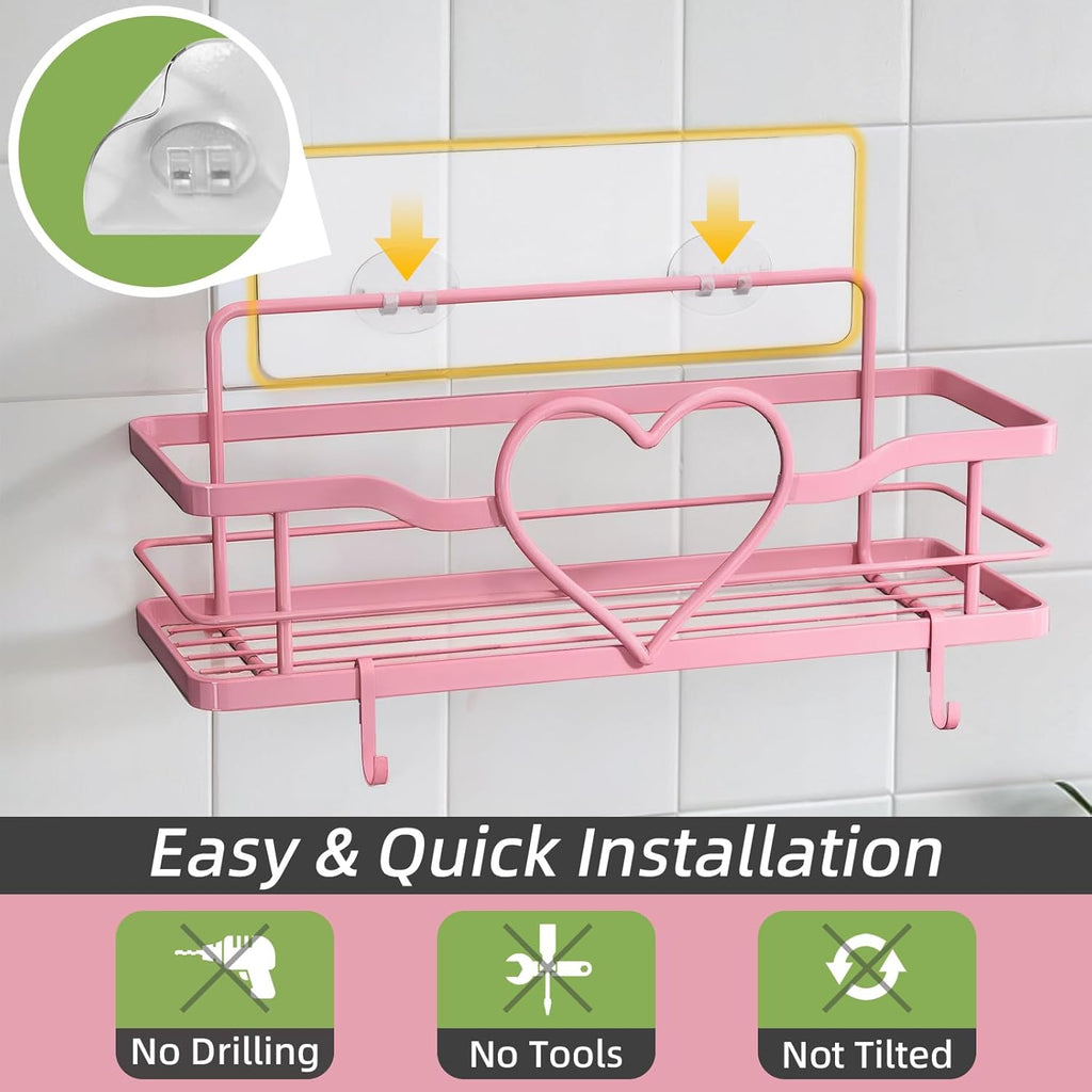 Skiennix Pink Shower Caddy - 4 Removable Hooks | No-Drill Adhesive Organizer for Bathroom & Kitchen