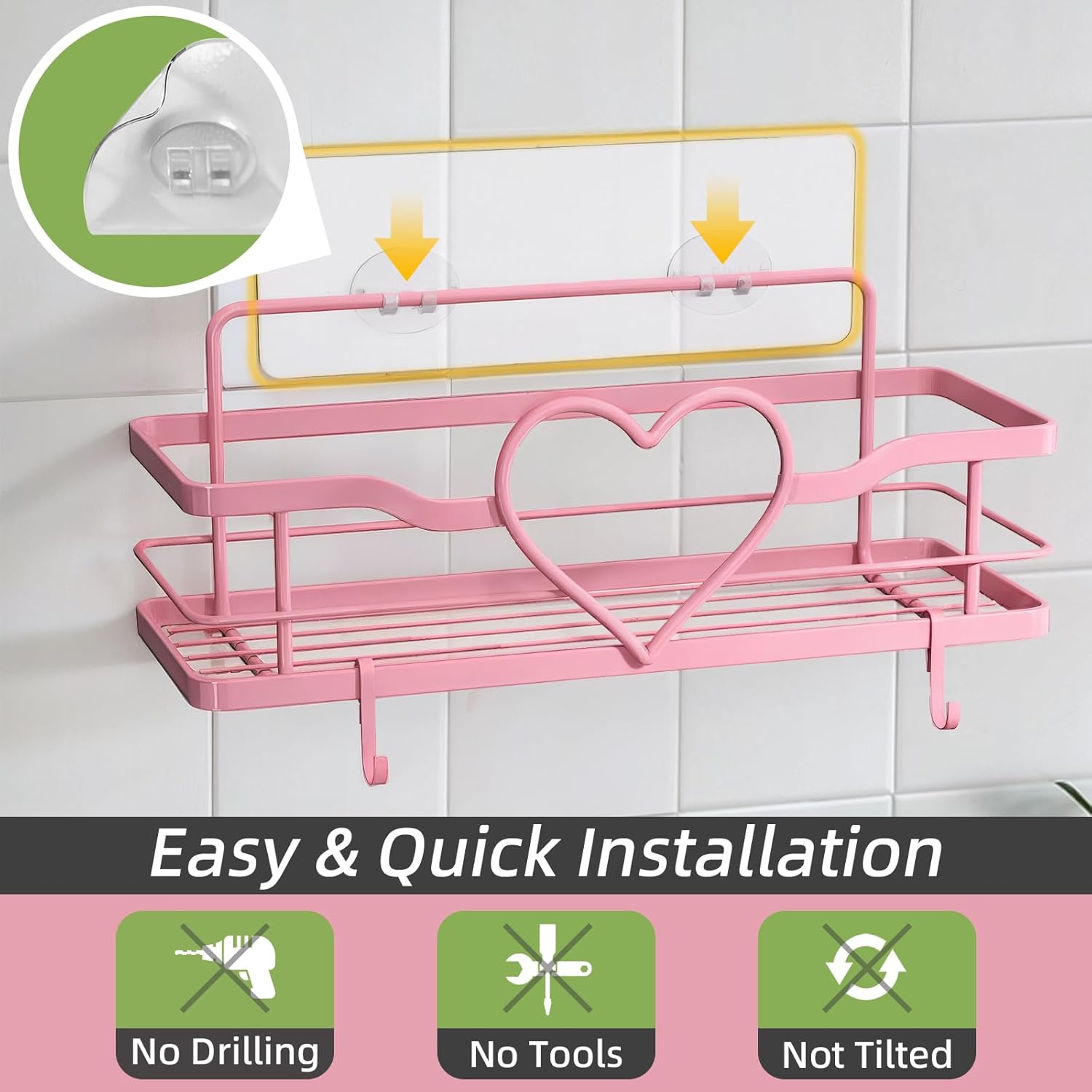 Skiennix Pink Shower Caddy - 4 Removable Hooks | No-Drill Adhesive Organizer for Bathroom & Kitchen