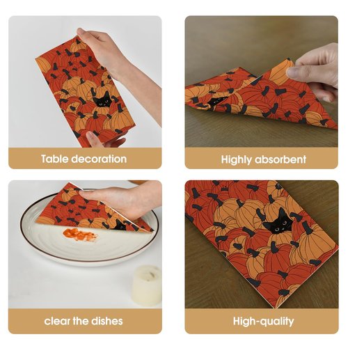 Horaldaily 100 Fall Disposable Paper Decorative Guest Napkins, Pumpkin Black Cat Hand Towel for Party Lunch Dinner Kitchen Bathroom