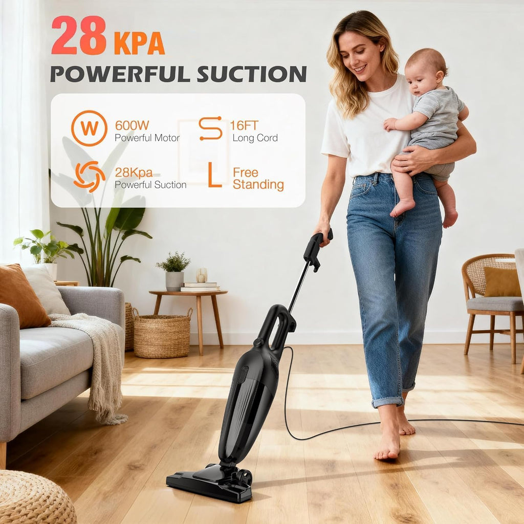Zefiro Lightweight Corded Stick Vacuum - High Suction Bagless Cleaner for Carpet & Hardwood, Ideal for Pet Hair