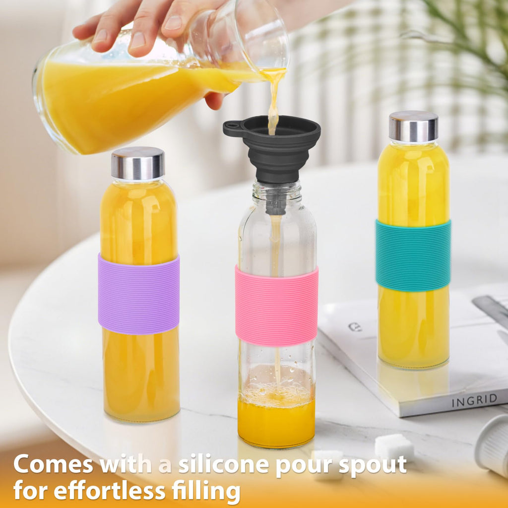 PROBTTL 18 oz Glass Juice Bottles with Lids – Refillable Clear Glass Water Bottles with Stainless Steel Airtight Caps, Dishwasher Safe, Reusable Drinking Juice Containers (6-Pack, With Sleeves)