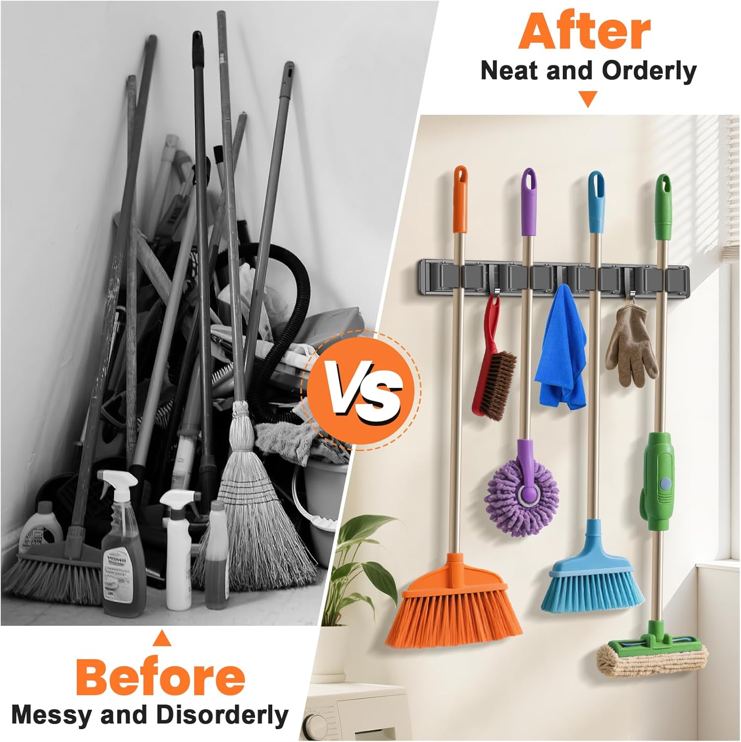 Organize with Skiennix Broom Holder Wall Mount - 4 Racks & 3 Hooks for Kitchen, Garden, Laundry | Grey