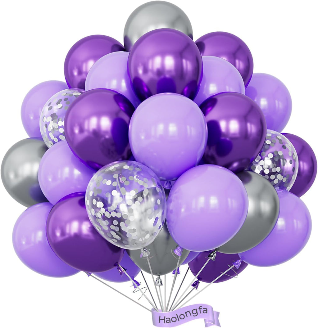 Skiennix 12 Inch Purple & Silver Balloons - 60pcs Pastel Lavender Confetti for Parties & Celebrations