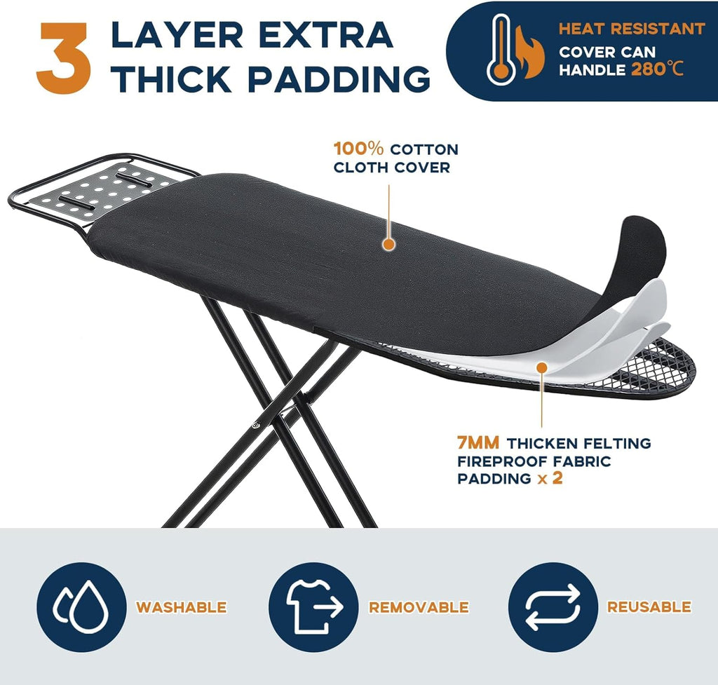 RAINHOL Full Size Ironing Board - Heavy Duty Compact Design with Heat Resistant Cover & Adjustable Height | 54"x13" Black
