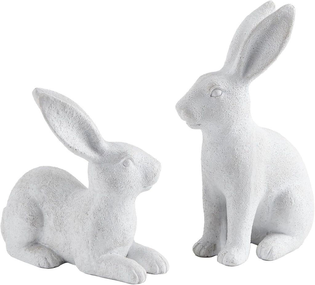 Skiennix White Frosted Resin Bunny Figurines - Set of 2 Decorative Rabbit Statues for Spring Home Decor